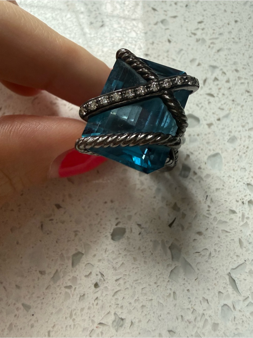 Blue Crystal Statement Ring with Twisted Silver Bands